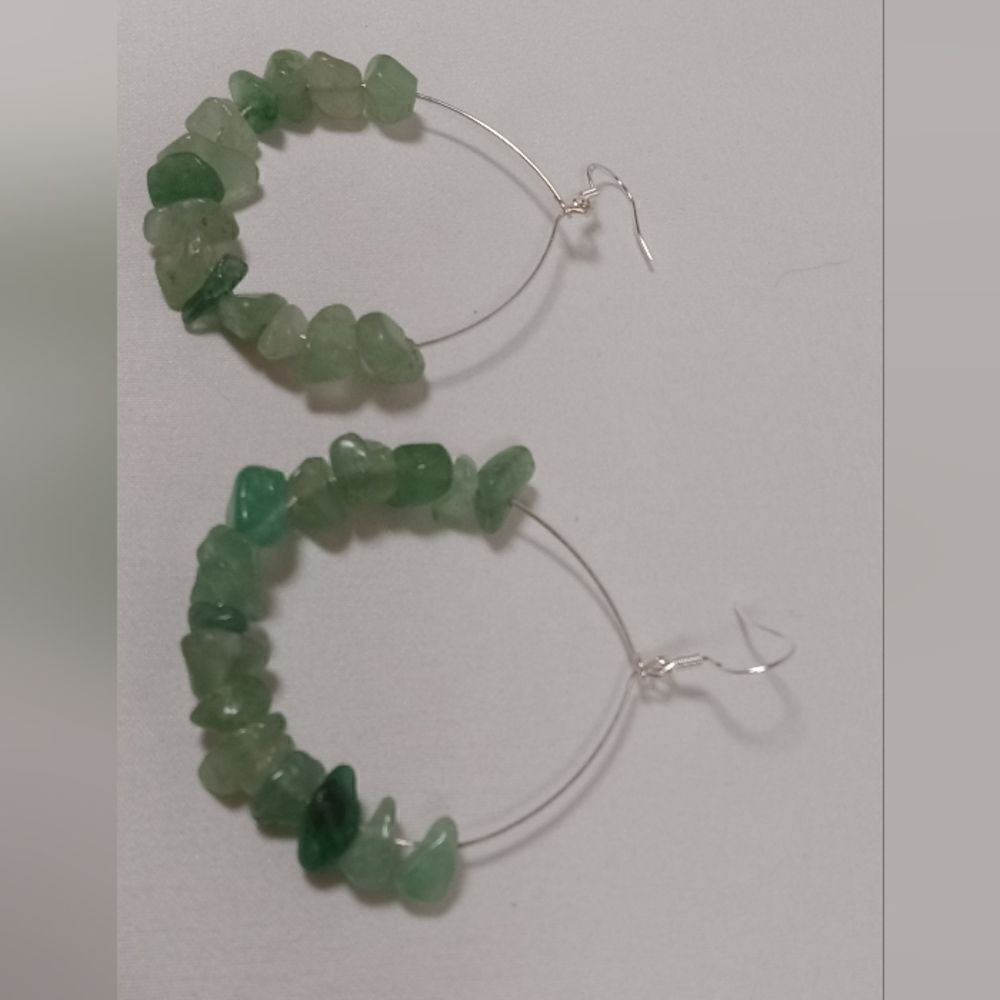 Green stone chip on exposed hoop earrings sterling silver ear wires boho western